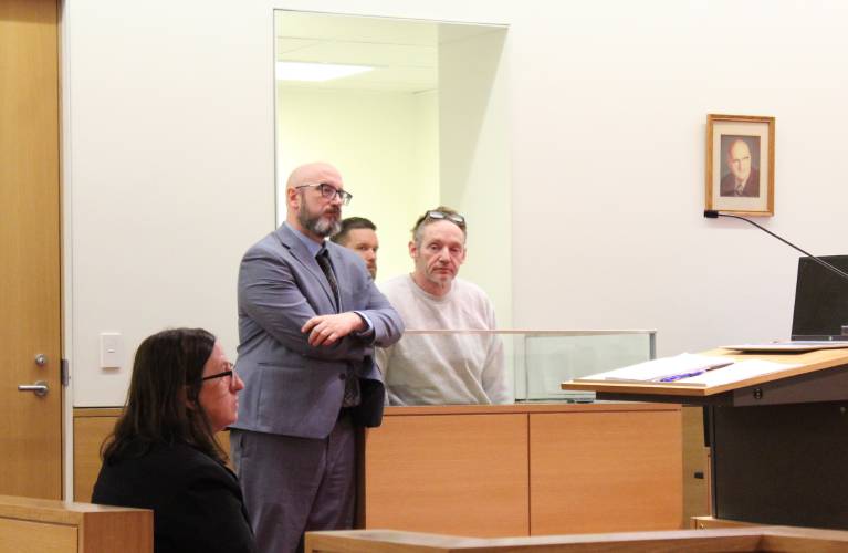 William Judd, 57, of Greenfield, at right, was ordered held without bail at his dangerousness hearing Thursday morning in Greenfield District Court. William Judd, 57, of Greenfield, at right, was ordered held without bail at his dangerousness hearing Thursday morning in Greenfield District Court.