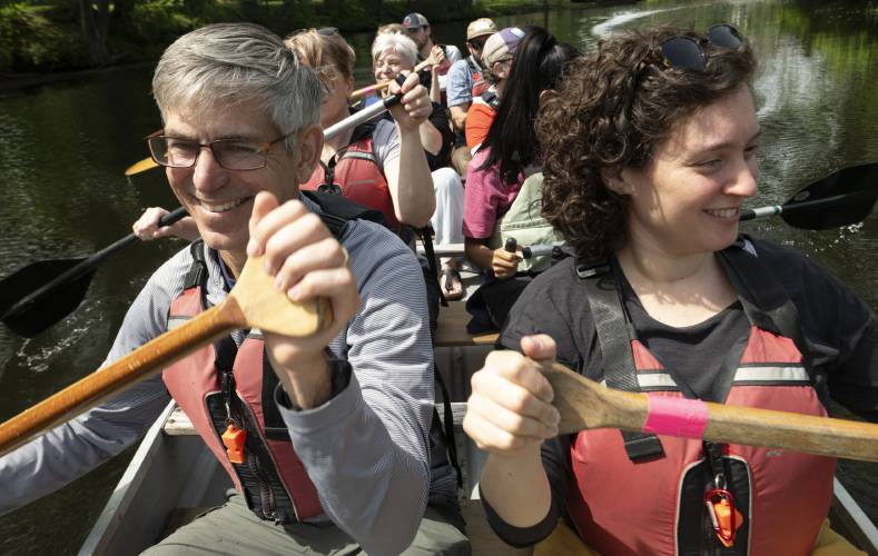 Paul Jahnige,  director of the Massachusetts Office of Outdoor Recreation,  and Elena Cohen, district director for state Sen.  Jo Comerford, paddle on Lake Warner in North Hadley. The group was there with Lauren Jones,  secretary of the state’s Executive Office of Labor and Workforce Development, as part of a MassHire 250 workforce Innovation Tour on Wednesday morning. 
