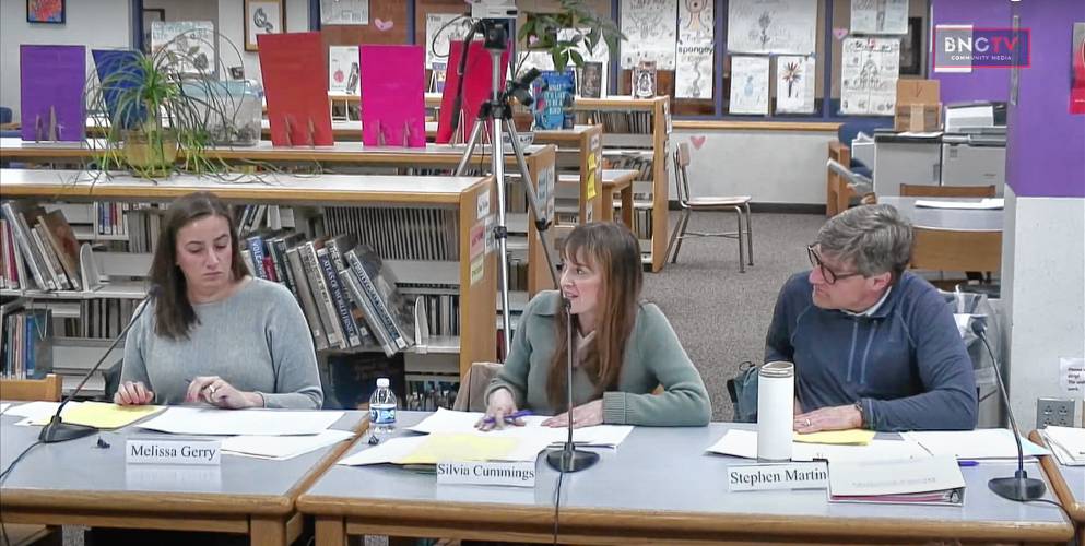 From left, Pioneer Valley Regional School District School Committee members Melissa Gerry, Silvia Cummings and Stephen Martin at the Feb. 15 meeting, where the committee approved the fiscal year 2025 budget.