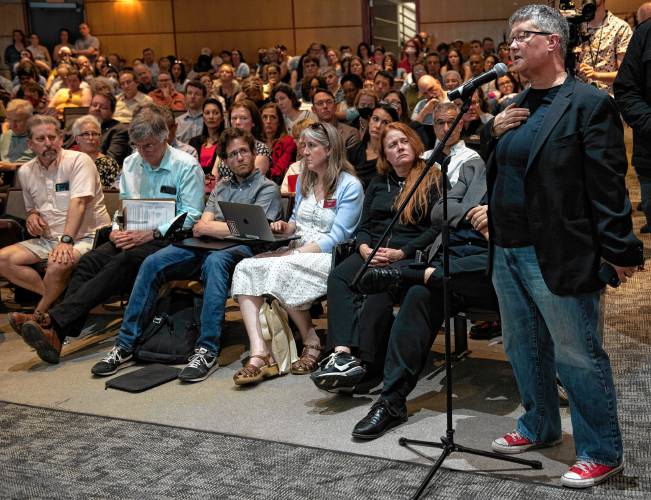Laura Briggs, a professor in the Women, Gender and Sexuality Studies department at UMass, asks a question about the decision to use police force of Chancellor Javier Reyes during a special meeting of the Faculty Senate last week, where Reyes and members of his administration made a presentation and answered questions about the campus protest and police actions on May 7 and May 8.