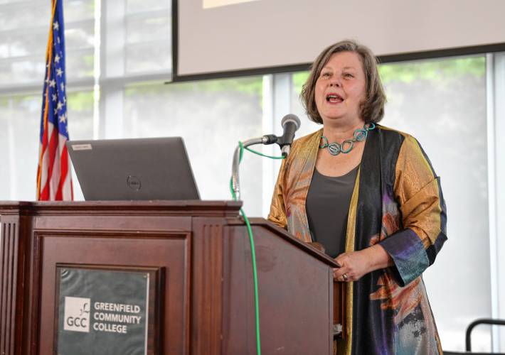 State Sen. Jo Comerford speaks at the People’s Town Hall at Greenfield Community College on Monday.