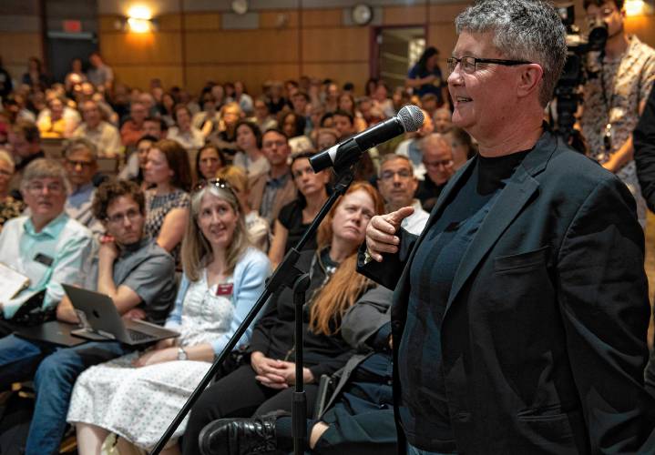 Laura Briggs, a professor in the Women, Gender and Sexuality Studies department at UMass, asks a question about the decision to use police force of Chancellor Javier Reyes during a special meeting of the Faculty Senate last week, where Reyes and members of his administration made a presentation and answered questions about the campus protest and police actions on May 7 and May 8.