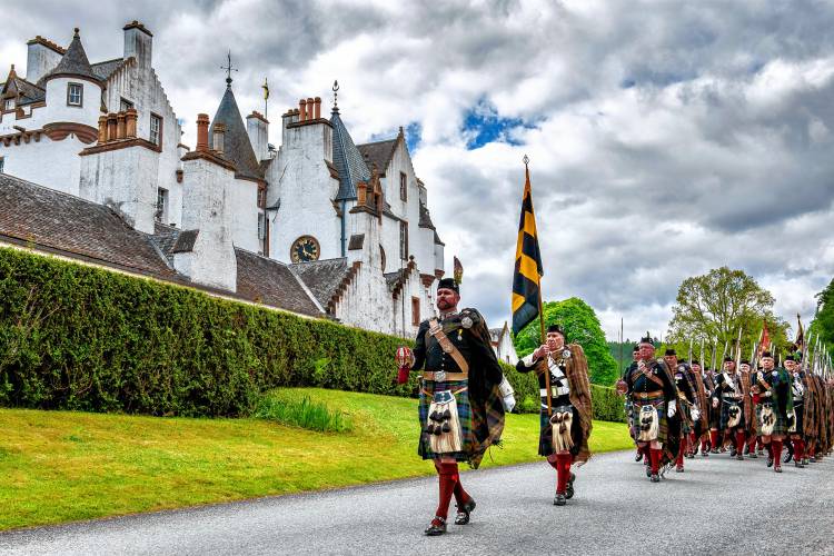 The Scottish Highlanders march at Blair Castle in Blair Atholl Scotland, led by Major Michael Murray, Marquis of Tullibardine, son of His Grace Bruce Murray, 12th Duke of Atholl. The Highlanders will arrive in Athol on Wednesday, April 9, as part of the River Rat Race.