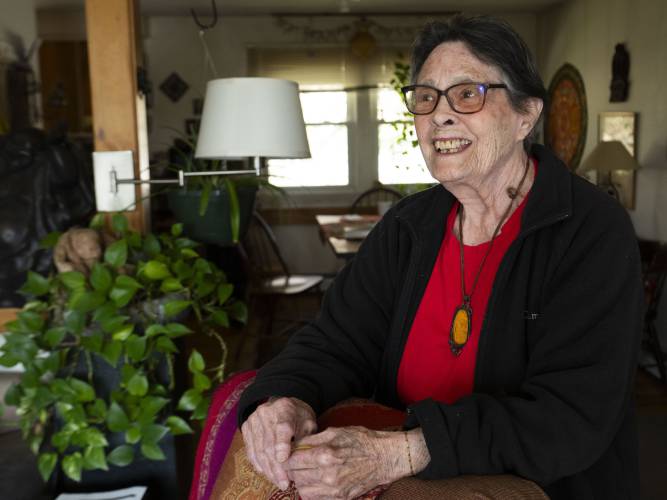 Peg Holcomb is showing her artswork for the first time at 90 years old. “All of my work has been a part of my life process, but I’ve never showed it … My work has been about awakening from this reality to a bigger reality,” she said.