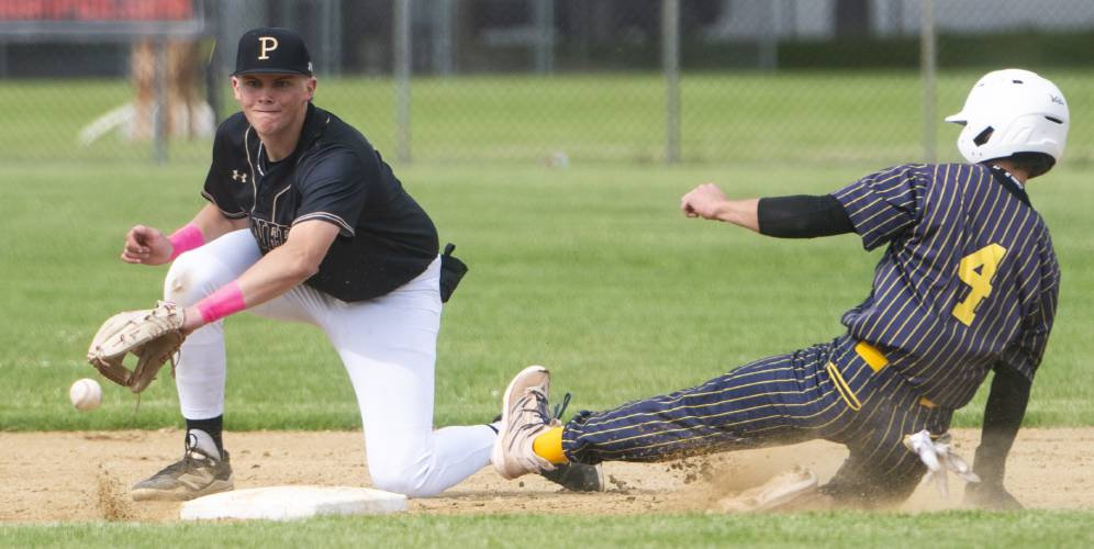 Pioneer's Jack Glazier, left, receives a pass from the catcher as Hopkins Academy's Carter Styspeck (4) slides to second base during the PVIAC Class D championship game at Mackenzie Stadium, Wednesday, May 28, 2025, in Holyoke.