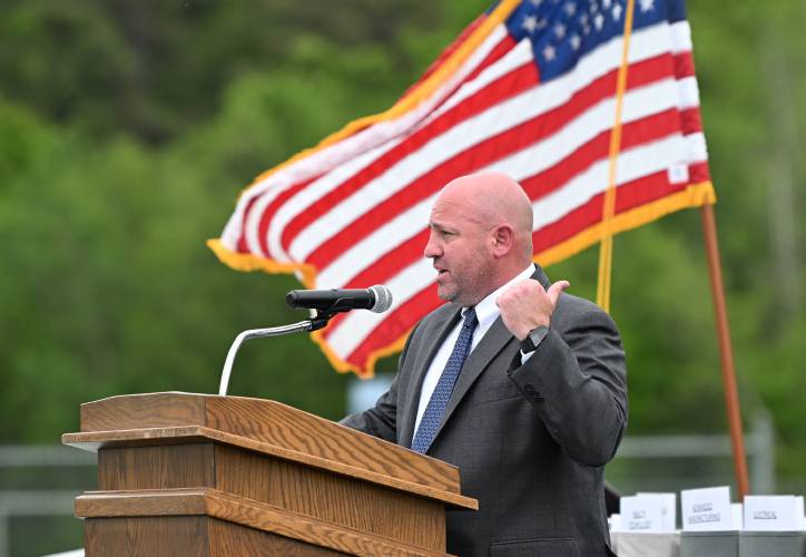Franklin County Technical School Principal Brian Spadafino speaks during graduation ceremonies in Montague on Thursday evening.