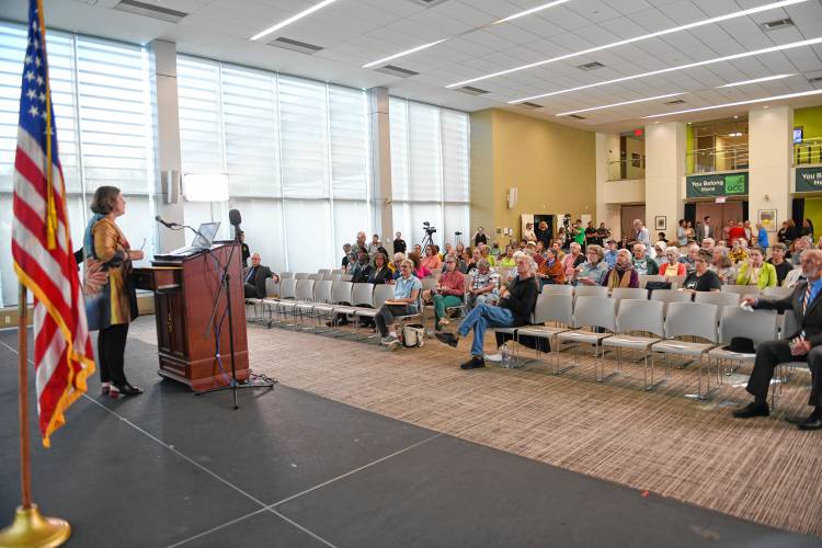 State Sen. Jo Comerford speaks at the People’s Town Hall at Greenfield Community College on Monday.