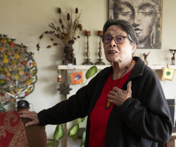 Peg Holcomb is showing her artswork for the first time at 90 years old. “All of my work has been a part of my life process, but I’ve never showed it … My work has been about awakening from this reality to a bigger reality,” she said.