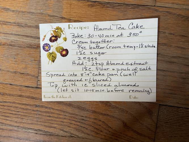 “I couldn’t tell you where it’s from, actually,” Rainey said of the almond torte recipe. “It’s a very easy recipe, so people have just gravitated to it. I knock it out quickly.”