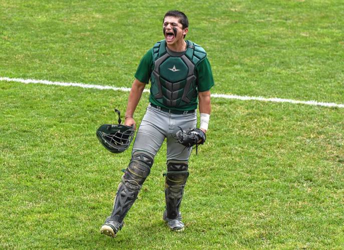 Greenfield catcher Luca Siano celebrates after turning a double play against Bourne in the MIAA Division 5 quarterfinal round on Saturday at Vets Field. The 15th-seeded Green Wave will play No. 3 Boston English in the Final Four on Tuesday at 4 p.m. at Assumption University.