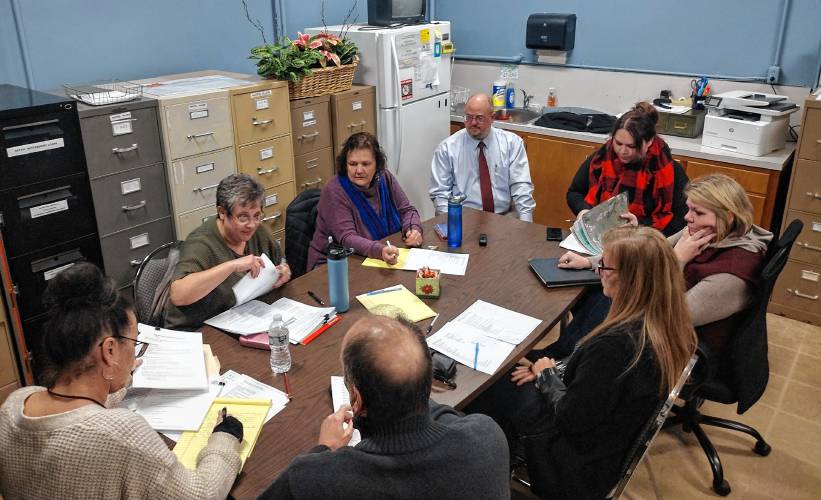 Members of Athol’s Board of Health, representatives of the North Quabbin Community Coalition and North Quabbin Recovery Center, Town Accountant Amy Craven and Town Manager Shaun Suhoski discuss the use of funds received by the town from the nationwide opioid settlement. Members of Athol’s Board of Health, representatives of the North Quabbin Community Coalition and North Quabbin Recovery Center, Town Accountant Amy Craven and Town Manager Shaun Suhoski discuss the use of funds received by the town from the nationwide opioid settlement.