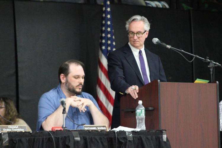 Sunderland Selectboard Chair Nathan Waring and Town Moderator David Pierce during Friday’s Annual Town Meeting at Sunderland Elementary School.