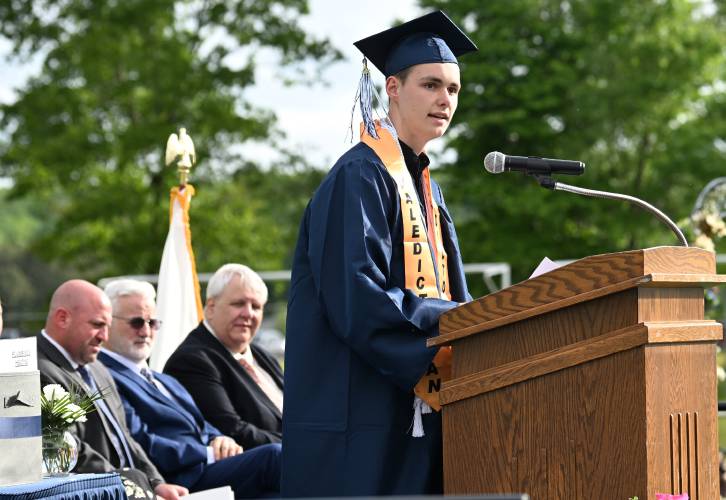 Franklin County Technical School Valedictorian Caleb Hall addresses graduation attendees.