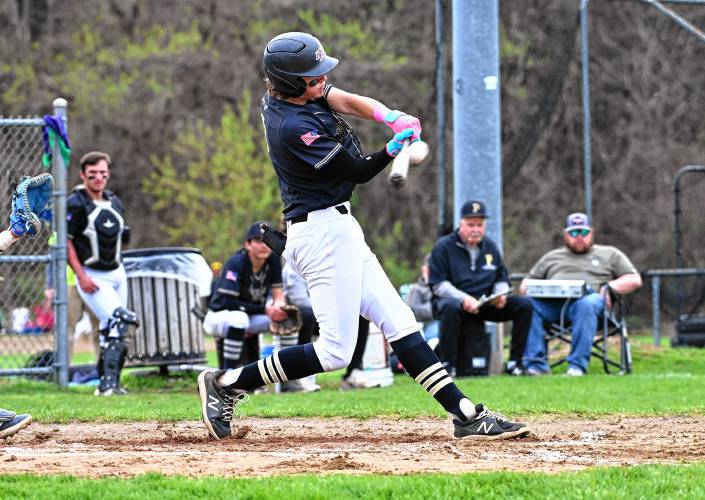 Pioneer’s Jackson Glazier hits against Frontier earlier this season in Northfield. The fourth-seeded Panthers will meet top-seeded Georgetown in the MIAA Division 5 Final Four on Tuesday at 7 p.m. at Fitton Field on the campus of Holy Cross in Worcester.