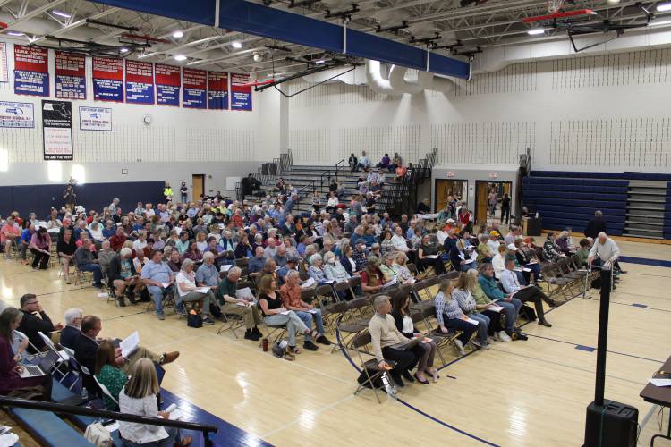 Deerfield’s Annual Town Meeting in Frontier Regional School’s Goodnow Gymnasium Monday evening drew 322 voters, which was the most residents to attend an Annual Town Meeting in at least 10 years.