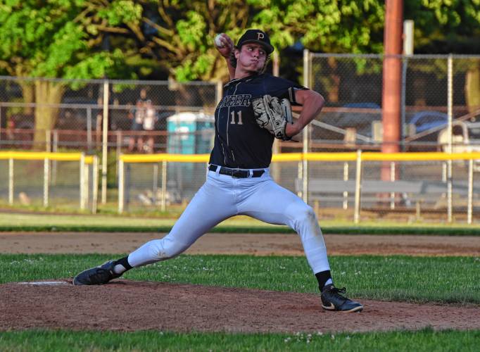 Pioneer’s Hugh Cyhowski throws a pitch against Ware last week in the Western Mass. Class D final. The Panthers will host No. 12 Douglas in the MIAA Division 5 quarterfinal round on Sunday.  