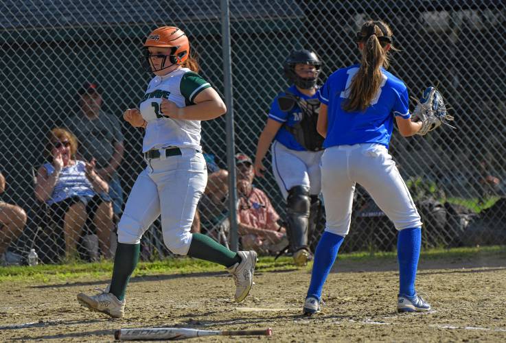 Greenfield’s Olivia Lemay (29) scores a run in the third inning against Monson during the Green Wave’s 12-0 victory in the MIAA Division 5 Round of 16 on Wednesday at Veterans Field in Greenfield.
