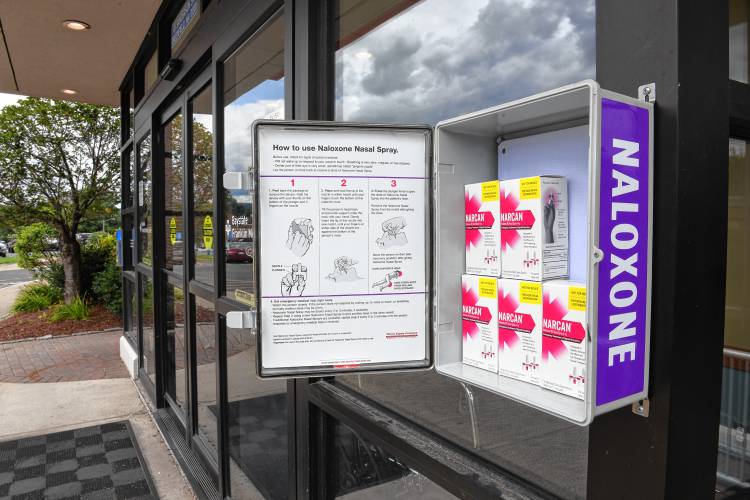 Naloxone opioid overdose reversal kits are located next to the emergency entrance to Baystate Franklin Medical Center in Greenfield.