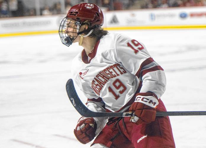 UMass right wing Cole O'Hara (19) smiles after scoring a goal against Boston College at the Mullins Center, Saturday, Feb. 15, 2025, in Amherst.