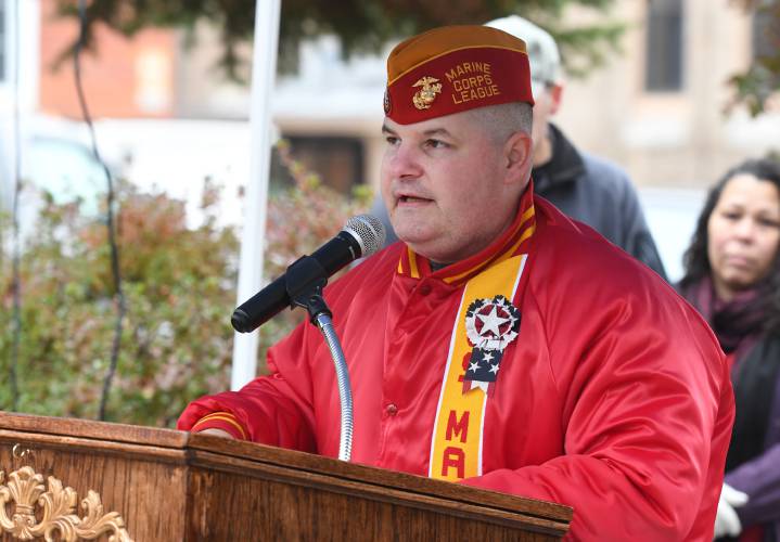 Paul John “PJ” Herbert of Shelburne Falls, pictured speaking during a Veterans Day event in Greenfield in 2019, pleaded guilty Tuesday to stealing benefit payments from the Department of Veterans Affairs and submitting a false Purple Heart application to the Marine Corps through his congressional representative.