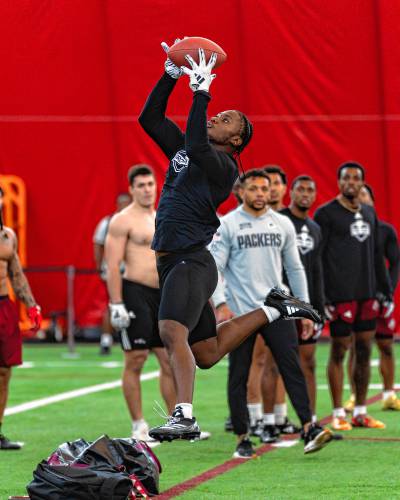Fromer UMass defensive back Te’Rai Powell catches a ball during the Minutemen’s Pro Day at The Bubble in Amherst on Wednesday afternoon.