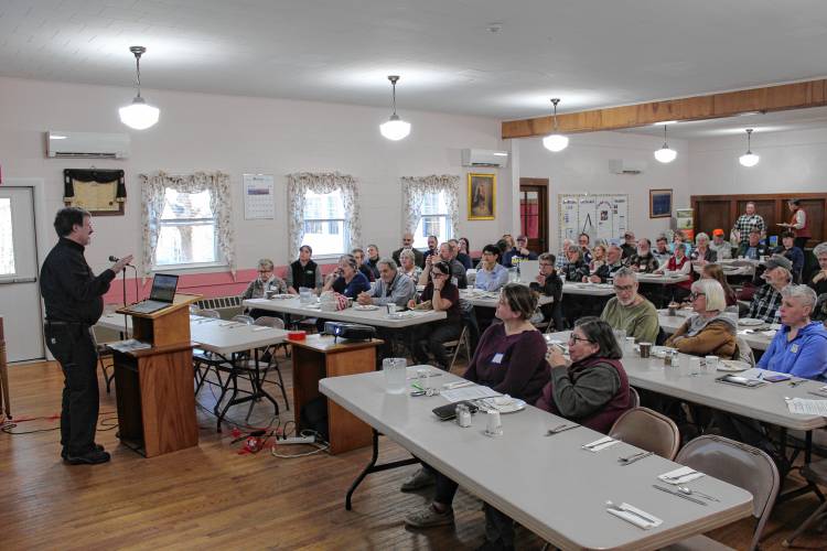 Ron Hall, with the Massachusetts Department of Agricultural Resources, was one of several speakers who spoke to dozens of Franklin County farmers at a “Planning for the Future of Your Farm” workshop at Fellowship Hall in Shelburne last week.