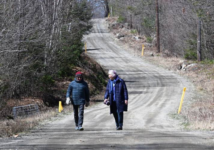 Dennis Harris and Janet Diani walk along Wickett Pond Road in Wendell on an early spring day. Dennis Harris and Janet Diani walk along Wickett Pond Road in Wendell on an early spring day.