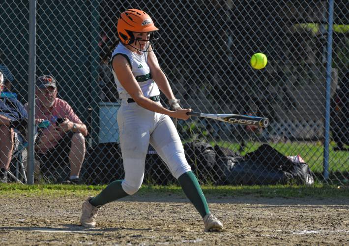 Greenfield’s Ivy Rae puts the ball in play against Monson during the third inning of the Green Wave’s victory in the MIAA Division 5 Round of 16 on Wednesday at Veterans Field in Greenfield.