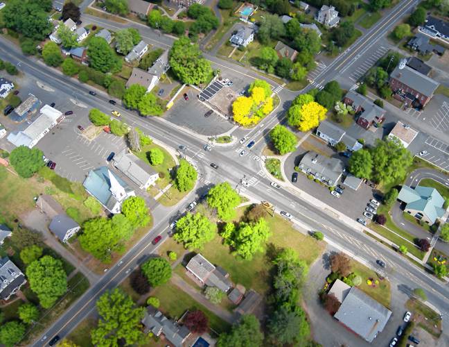 An aerial view of the intersection of Routes 47 and 116 in downtown Sunderland.