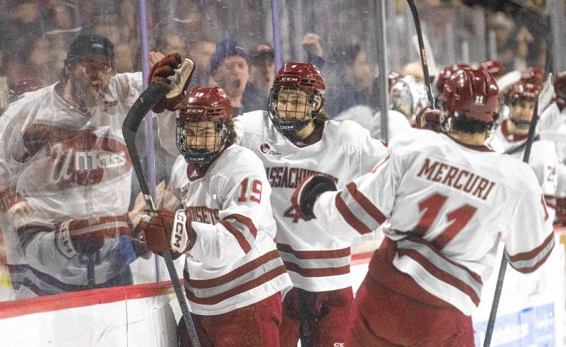 UMass teammates celebrate after a goal during a game against Boston College at the Mullins Center, Saturday, Feb. 15, 2025, in Amherst. UMass teammates celebrate after a goal during a game against Boston College at the Mullins Center, Saturday, Feb. 15, 2025, in Amherst.