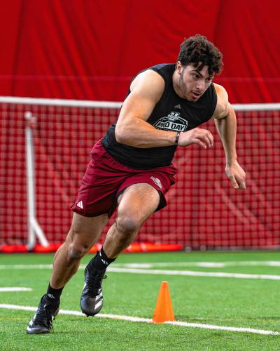 Former UMass tight end Dominick Mazotti navigates through a drill during the Minutemen’s Pro Day at The Bubble in Amherst on Wednesday afternoon.