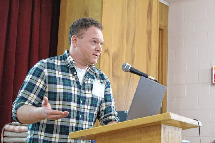 Jae Silverman, the Massachusetts field agent for Land for Good, spoke to dozens of Franklin County farmers at a “Planning for the Future of Your Farm” workshop at Fellowship Hall in Shelburne last week.