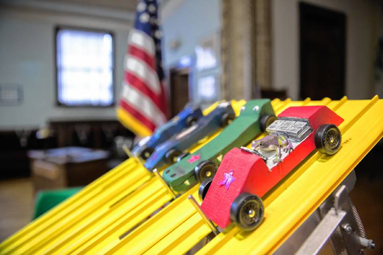 Cub Scout packs 3 and 18 are hosting their annual pinewood derby on Saturday, April 5, at Bernardston Elementary School. Pictured is a pinewood derby held at the Greenfield Elks Lodge in 2017.