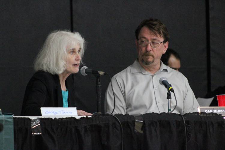 Sunderland Town Administrator Becky Torres and Selectboard member Daniel Murphy during Friday’s Annual Town Meeting at Sunderland Elementary School.