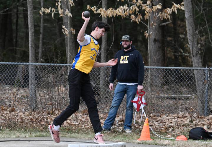 Mohawk Trail’s Chay Mojallali throws the shot at Mohawk Trail Regional School earlier this season. 