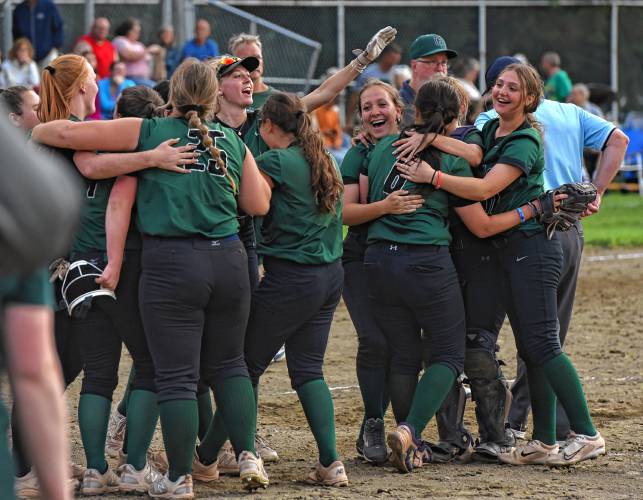 Tahanto players celebrate after making the final out to secure a 5-2 victory over top-seeded Greenfield in the MIAA Division 5 quarterfinal round on Friday at Vets Field. 