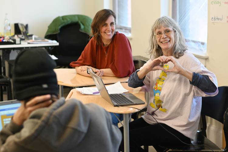 Instructor Jesse Pompei, center, works with Turners Falls resident Tammy Baxter and other students at The Literacy Project in Greenfield on Tuesday.