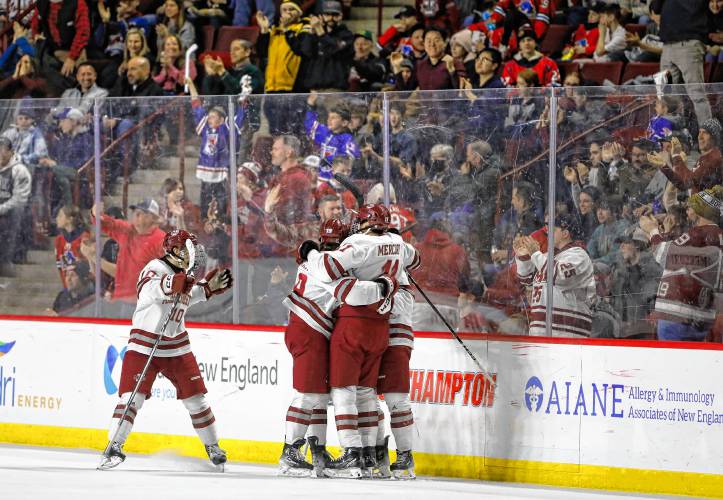 UMass hockey players celebrate a second period goal against Boston College earlier this season at the Mullins Center. UMass hockey players celebrate a second period goal against Boston College earlier this season at the Mullins Center.
