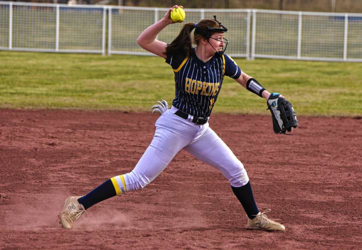 Hopkins Academy third baseman Cassidi Mushenski fields a ground ball against Tuduring the host Thunder’s season-opening victory on Monday at  Gary  Mullins Field in Turners Falls.