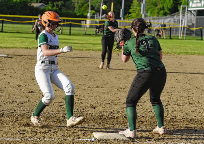 Greenfield’s Anna Bucala scoots into third base safely against Tahanto in the MIAA Division 5 quarterfinal on Friday at Vets Field.