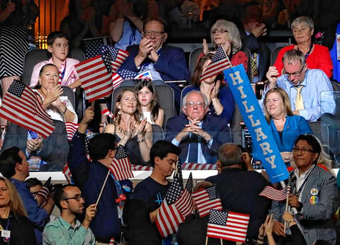 Former candidate Sen. Bernie Sanders attends Democratic presidential nominee Hillary Clinton’s acceptance speech at the Democratic National Convention in Philadelphia in 2016. Former candidate Sen. Bernie Sanders attends Democratic presidential nominee Hillary Clinton’s acceptance speech at the Democratic National Convention in Philadelphia in 2016.