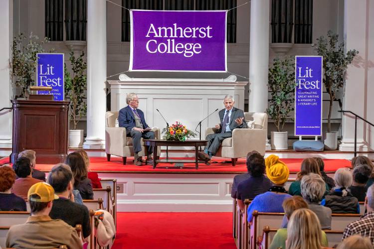 Dr. Anthony Fauci was the featured speaker at the final day of Amherst College’s literary festival called LitFest. Fauci discussed his career before some 600 people on Sunday in a conversation led by Amherst College alum Cullen Murphy, former managing editor of The Atlantic Monthly.