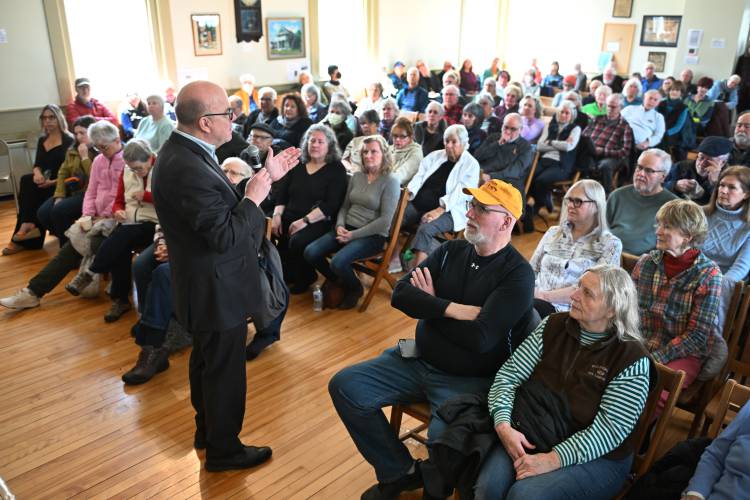 Congressman Jim McGovern speaks to his constituents at Whately Town Hall on Wednesday. 