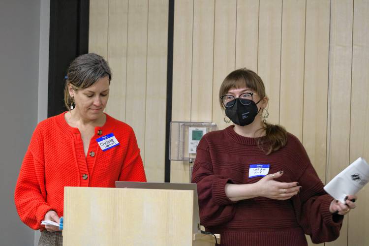 Griswold Memorial Library Director Chelsea Jordon-Makely and Belding Memorial Library Director Sarah Hertel-Fernandez speak about their efforts to expand access at the Franklin County Jail and House of Correction by bringing literary programming to the women’s unit.