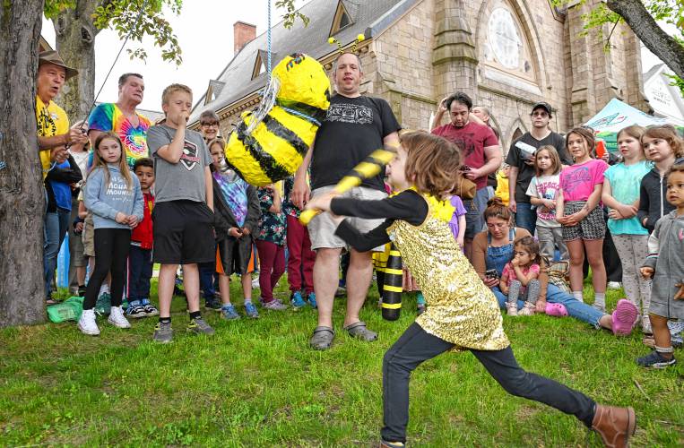 A child takes an enthusiastic whack at the bee pinata at the 14th Annual Bee Fest in Greenfield Saturday. 