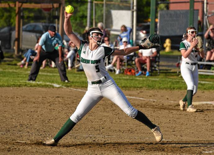 Greenfield’s MacKenzie Paulin delivers a pitch against Tahanto during the MIAA Division 5 quarterfinal on Friday at Vets Field in Greenfield.
