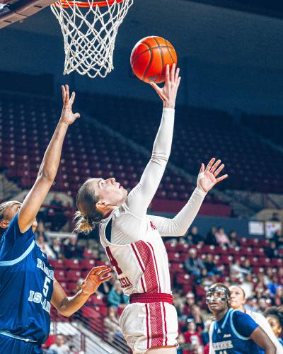 UMass guard Stefanie Kulesza (44) converts an acrobatic layup during the first half of the Minutewomen’s 42-40 loss to Rhode Island earlier this season at Mullins Center in Amherst. UMass guard Stefanie Kulesza (44) converts an acrobatic layup during the first half of the Minutewomen’s 42-40 loss to Rhode Island earlier this season at Mullins Center in Amherst.