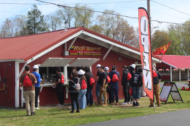 Students line up for food at the third Construction & Trades Careers Day at the Franklin County Fairgrounds earlier this month.