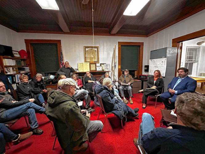 State Rep. Natalie Blais, D-Deerfield, and state Sen. Paul Mark, D-Becket, held a public forum at Charlemont Town Hall on Friday. About 20 people attended.