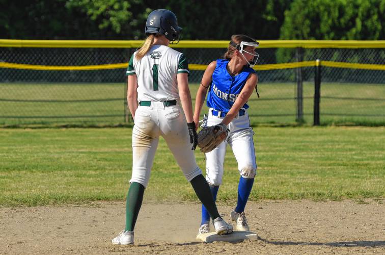 Greenfield’s Gloria McDonald (1) is safe at second base against Monson during the Green Wave’s victory in the MIAA Division 5 Round of 16 on Wednesday at Veterans Field in Greenfield.